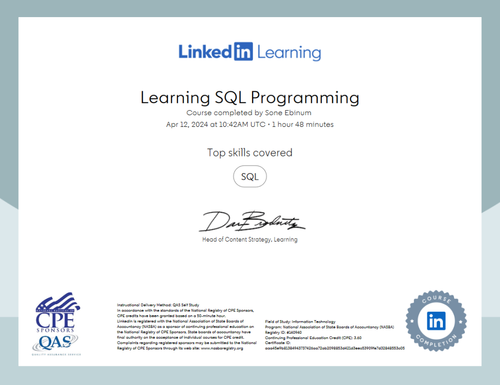 SQL Programming Certificate: linkedin Learning