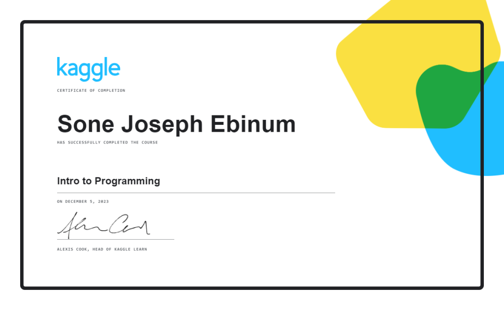 My Kaggle certificate: Introduction to Programming